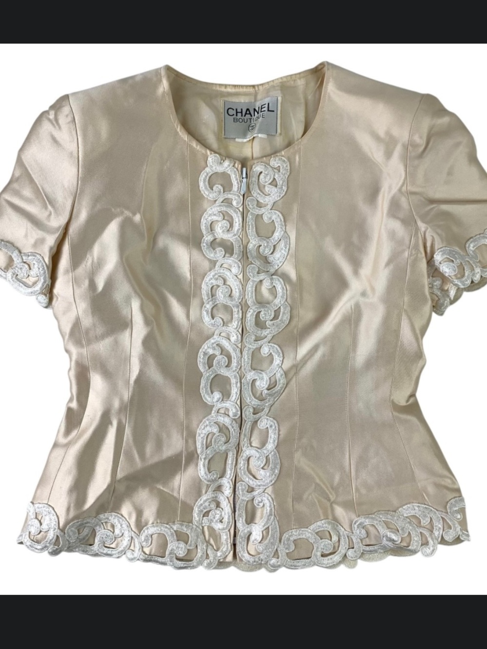 CHANEL Cream Silk Short Sleeve Top with Embroidered Loop Trim - Picture 3 of 16